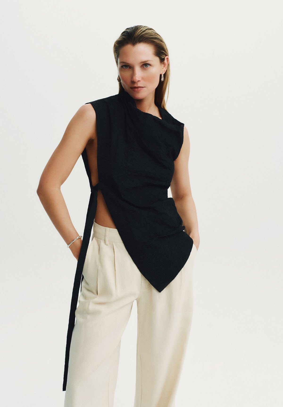FLOWING ASYMMETRIC SIDE-TIE TOP